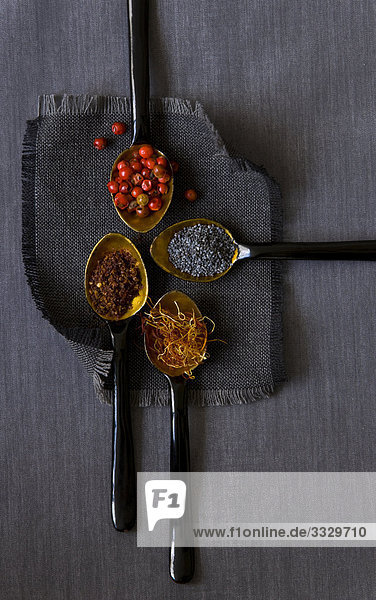 Spices in spoons on a fabric background