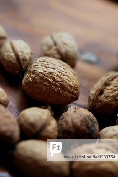 Closeup picture of the group of walnuts on the table