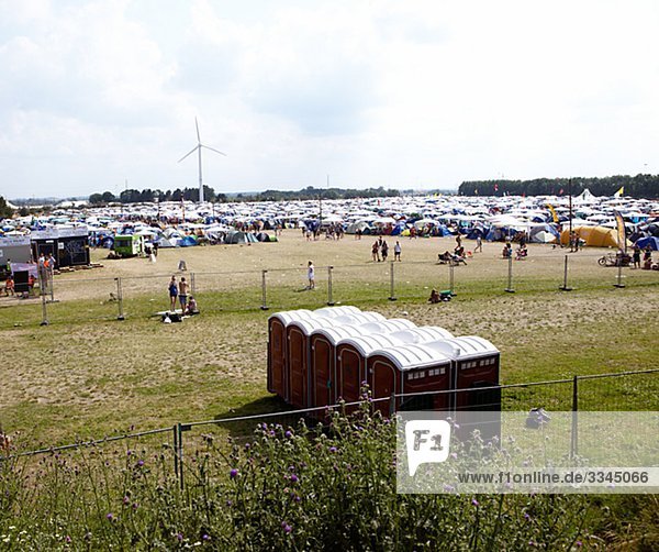 Tents and portable toilets during the Roskilde festival  Denmark