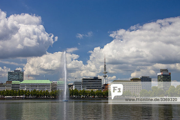 10870047  Germany  Hamburg  town  city  the Alster  water  fountain  television tower  traveling  tourism  holidays  vacation