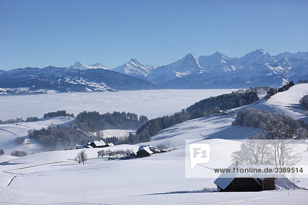 Landschaftlich schön landschaftlich reizvoll Berg Winter ruhen Wohnhaus Gebäude Alpen Kanton Bern Idylle Rest Überrest Schnee Schweiz