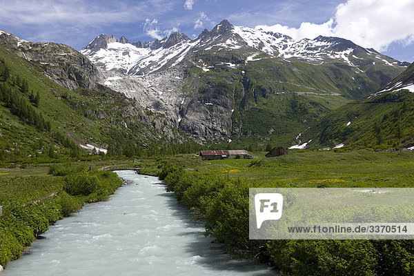 10873788  Switzerland  swiss  scenery  nature  river  flow  Rhone glacier  canton Valais  Rhone  mountains  meadow  Gletsch