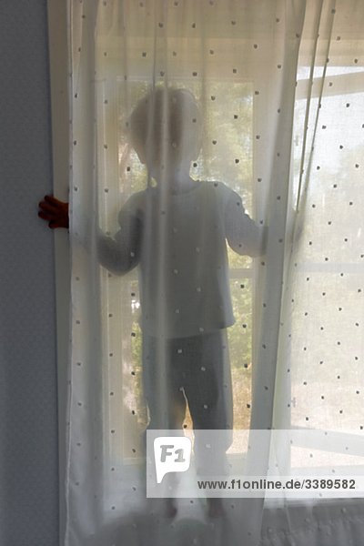 Boy stehen in einem Fenster hinter einem Vorhang  Schweden.
