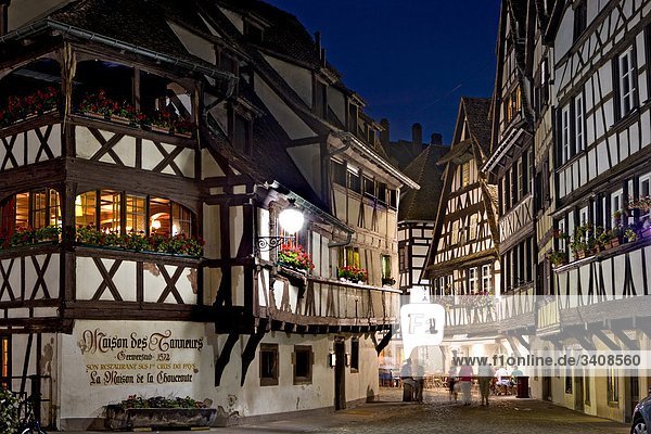 Restaurant Maison de Tanneurs and half-timbered houses in an alley  Petite France  Strasbourg  France