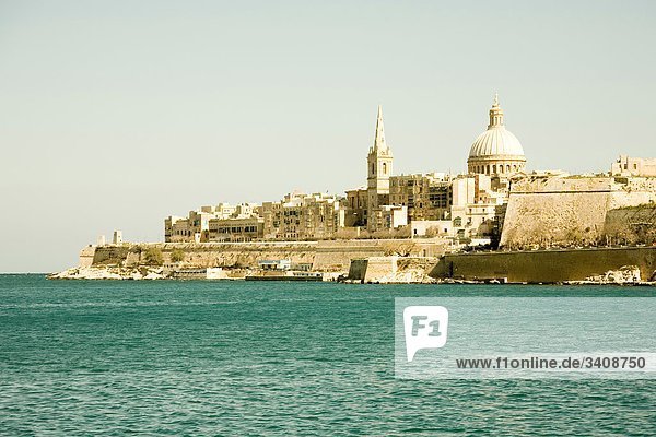 Carmelite church  fort and Marsamxett harbour  Valletta  Malta  Europe