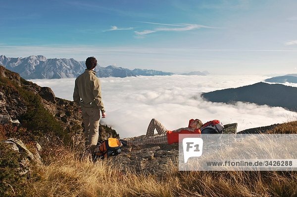 Austria  Steiermark  Reiteralm  Couple of hikers resting