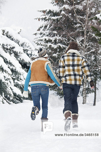 Young couple running in snow,  rear view