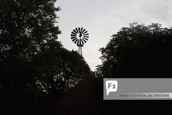 A windmill in front of a wooden house