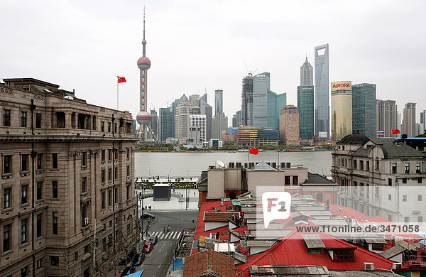 Jin Mao Tower  Shanghai World Financial Center  Oriental Pearl Tower and Huangpu River  Shanghai  China  Asia