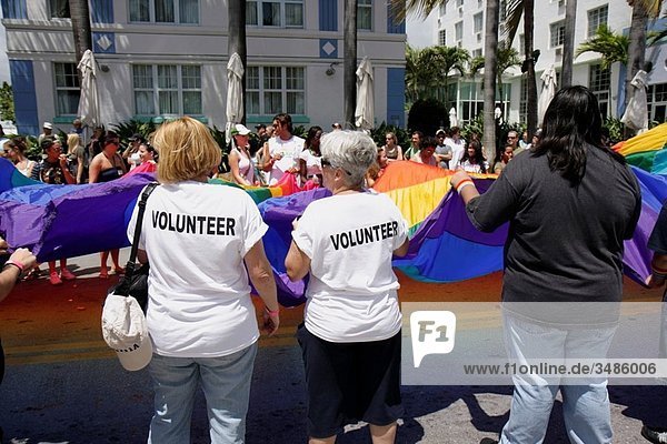 Florida  Miami Beach  South Beach  ´Ocean Drive´  Gay Pride Parade  festival  expo  homosexual  lesbian  bisexual  transgender  LGBT  volunteer  rainbow flag  symbol  woman  women