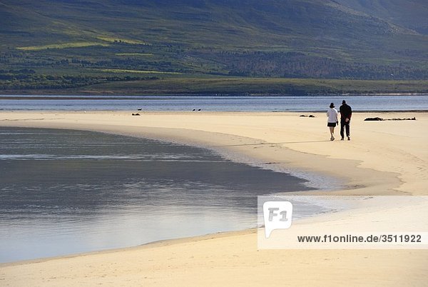 Couple walking in the morning by Flamingo lake estuary near Hermanus  South Western Cape  South Africa