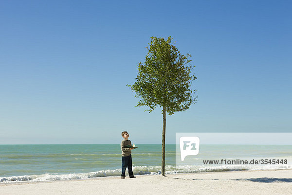 Junge steht am Strand mit offenem Buch in den Händen und bewundert den Baum,  der im Sand wächst.