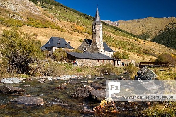 Montgarri Sanctuary and Noguera Pallaresa river Aran Valley Pyrenees mountain range Lerida province Catalonia  Spain  Europe