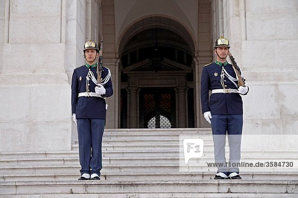 soldiers on guard at the portuguese Parliament Assembleia da Republica or Palacio de Sao Bento in Lisbon  Portugal  Europe