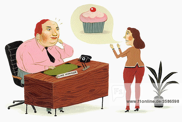 Cupcake in Sprechblase über Frau vor dem Schreibtisch des Chefs