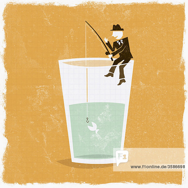 Geschäftsmann fischt in Wasserglas