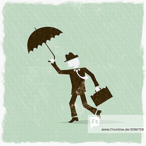 Geschäftsmann mit Regenschirm im Sturm