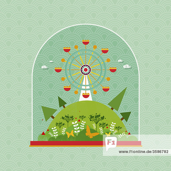 Ferris wheel and idyllic scene in snow globe