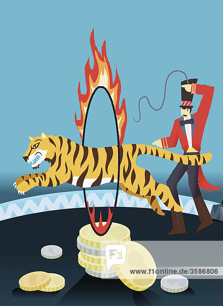 Dompteur und Tiger im Feuerring über Geldmünzen