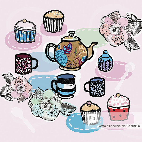 Tee  Tassen  Blumen und Cupcakes