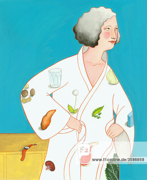 Frau im Bademantel mit Bildern von Lebensmitteln