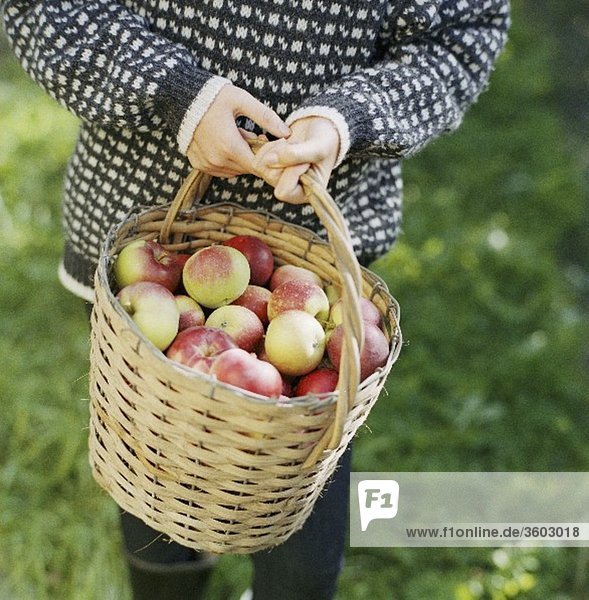 Frau trägt einen Korb mit Äpfeln