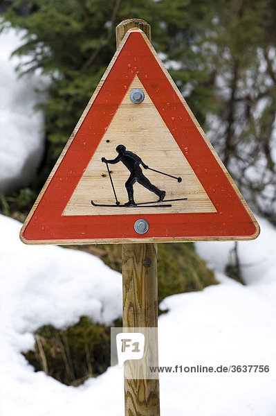 Traffic sign calling attention fo crossing cross-country skiers  Oslo  Norway  Europe