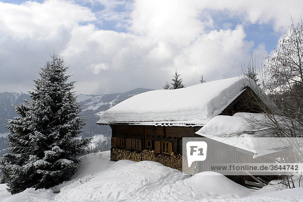 Schneebedeckte Hütte in den Alpen