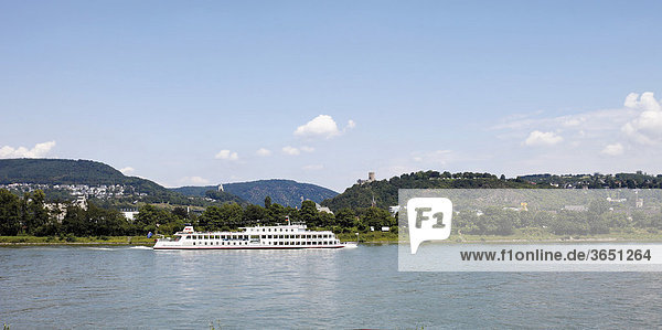 Excursion boat on the Rhine river with a view of Burg Lahneck castle  Unesco World Heritage Site  Oberlahnstein-Lahnstein  Upper Middle Rhine valley  Rhineland-Palatinate  Germany  Europe