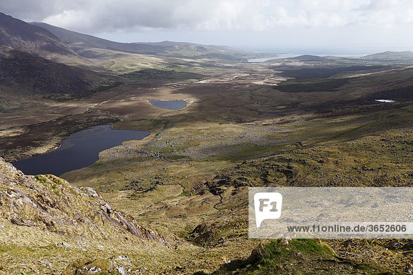 Blick vom Connor Pass zur Brandon Bay  Dingle Halbinsel  County Kerry  Irland  Britische Inseln  Europa