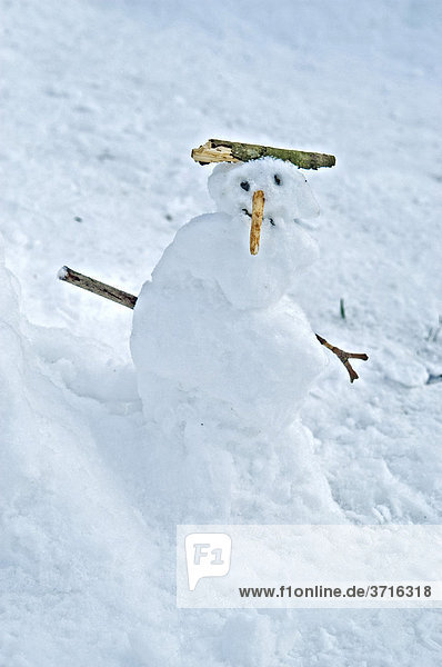 Kleiner Schneemann steht im Schnee