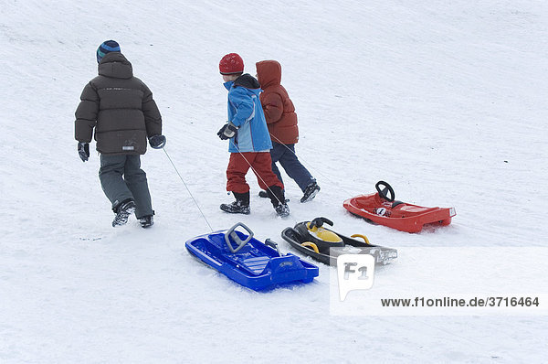 Drei Kinder beim Schlittenfahren ziehen Schlitten den Berg hoch