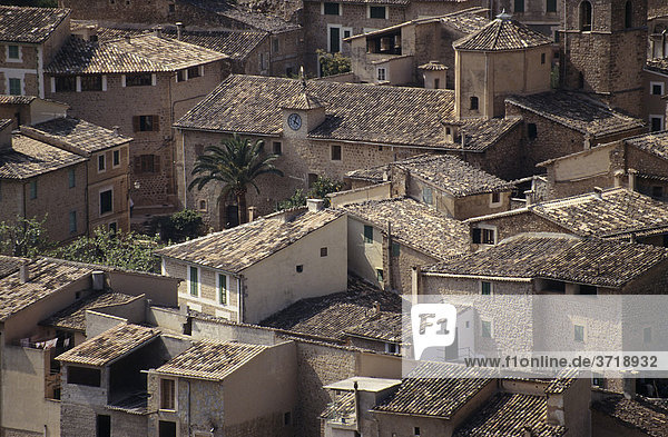 Houses and church of Fornalutx village at Mallorca  Spain