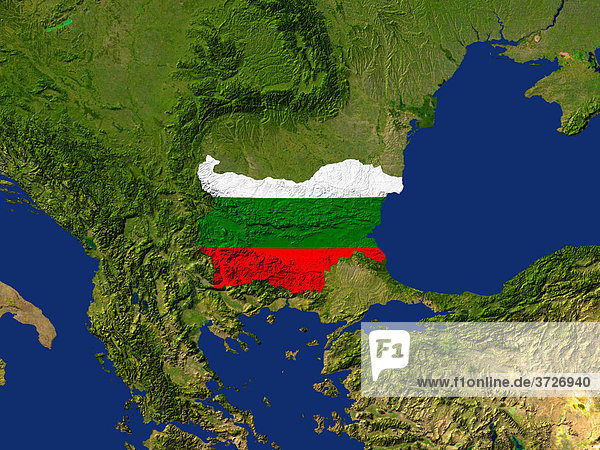 Satellite image of Bulgaria with the country's flag covering it