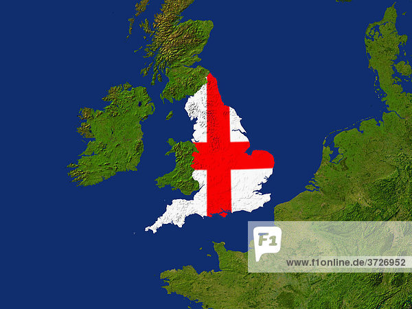 Satellite image of England with the country's flag covering it