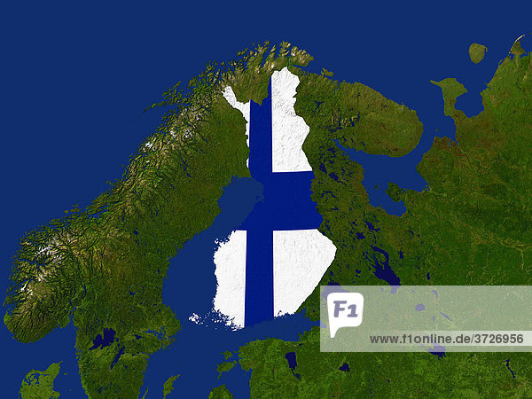 Satellite image of Finland with the country's flag covering it
