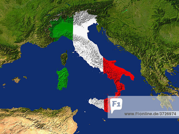Satellite image of Italy with the country's flag covering it