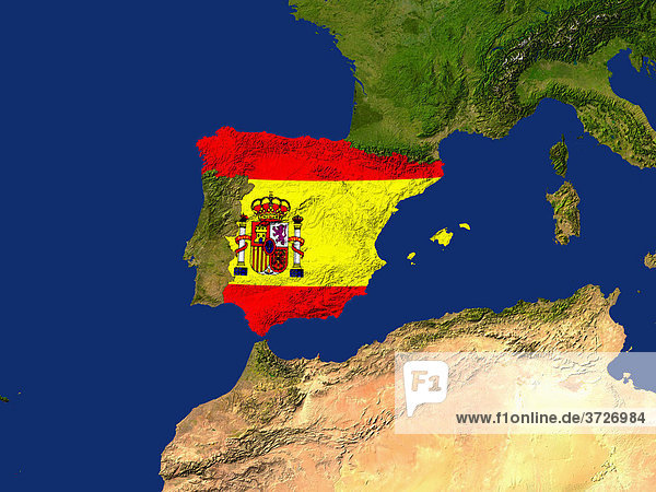 Satellite image of Spain with the country's flag covering it
