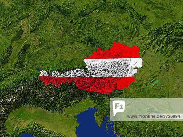 Satellite image of Austria with the country's flag covering it