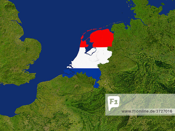 Satellite image of The Netherlands with the country's flag covering it