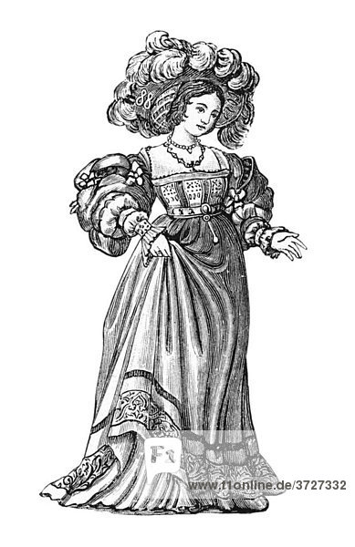 Deutsche Tracht  1520  historische Illustration aus: Anna Fischer Dückelmann: Die Frau als Hausärztin  2. Aufl. 1907  S. 142  Fig. 79