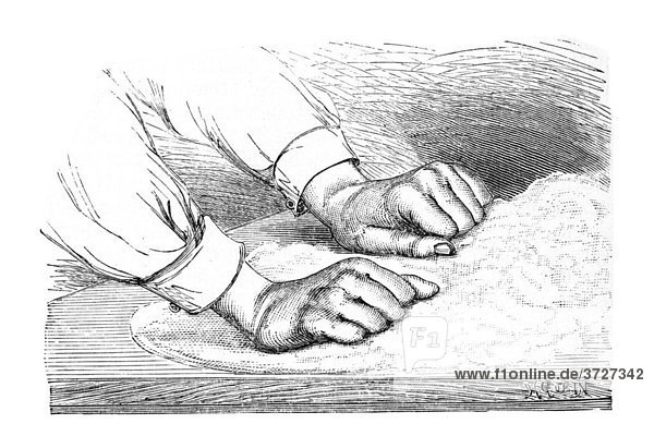 Teigkneten  historische Illustration aus: Marie Adenfeller  Friedrich Werner: Illustriertes Koch- und Haushaltungsbuch  1899/1900  S. 459  Fig. 572