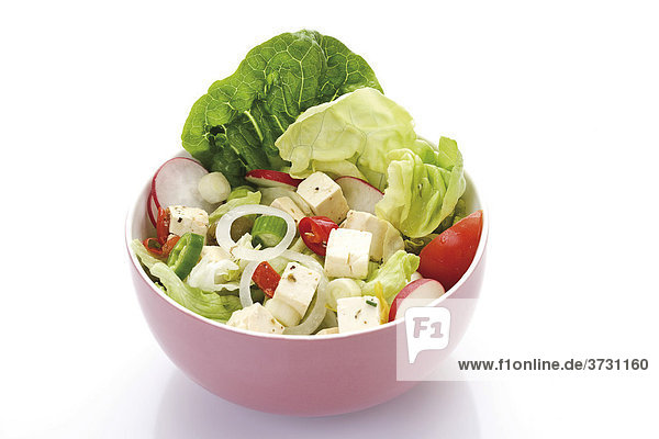 Gemischter Salat im Porzellanschälchen  Feta  Schafskäse  Kopfsalat  Radieschen  Schnittlauch  Zwiebel  Peperoni