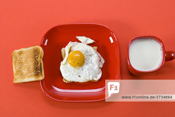 Frühstück  Tasse Milch  Toast  Spiegelei gewürzt mit Salz und Pfeffer auf rotem Geschirr