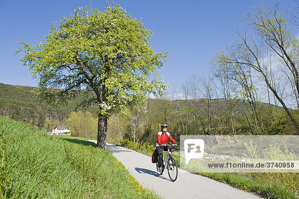 Woman riding her bike on the Triestingtal Valley bicycle path between Weissenbach and Fahrafeld  Triestingtal Valley  Lower Austria  Europe
