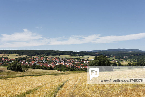 Ortsansicht auf Oberthulba über Getreidefeld  Rhön  Unterfranken  Bayern  Deutschland  Europa