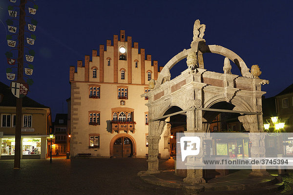 Well outside City Hall at the market square at night  Hammelburg  Rhoen  Lower Franconia  Bavaria  Germany  Europe