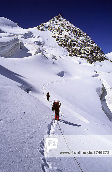 Zwei Bergsteiger im Aufstieg zum Piz Glüschaint  Bernina-Gebiet  Kanton Graubünden  Schweiz  Europa