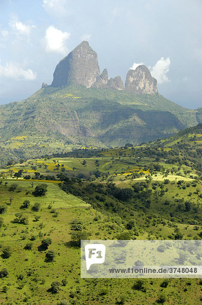 Bergzinne in fruchtbarer Gebirgslandschaft  Semien Berge  Semien Mountains Nationalpark  südlich von Aksum  Äthiopien  Afrika