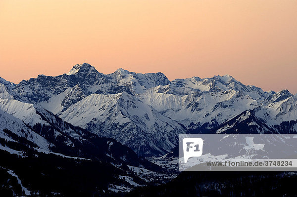 Gipfelpanorama bei Sonnenaufgang  Allgäuer Alpen  Tirol  Österreich  Europa